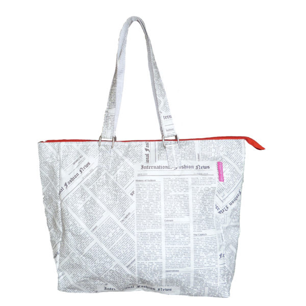 tyvek tote bag with newspaper print design and black zip